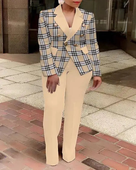 Plus Size Plaid Blazer & Pants with Shawl Collar