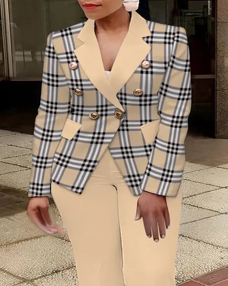 Plus Size Plaid Blazer & Pants with Shawl Collar