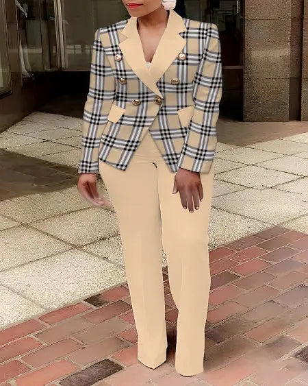 Plus Size Plaid Blazer & Pants with Shawl Collar