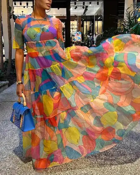 Maxi Dress with Short Sleeves & Fruit Design