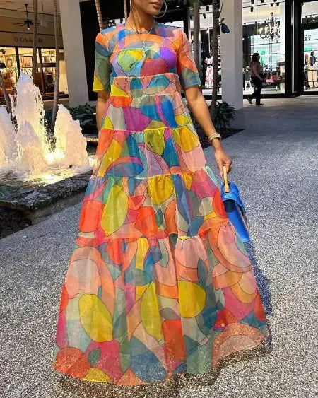 Maxi Dress with Short Sleeves & Fruit Design