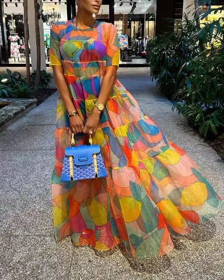 Maxi Dress with Short Sleeves & Fruit Design