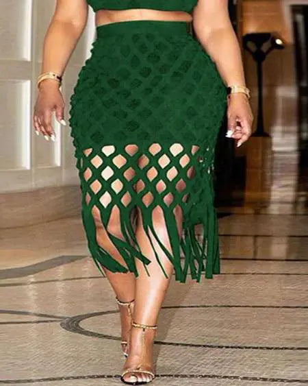 Plus Size Hollow-Out Crop Top & Skirt Set with Tassel Trim