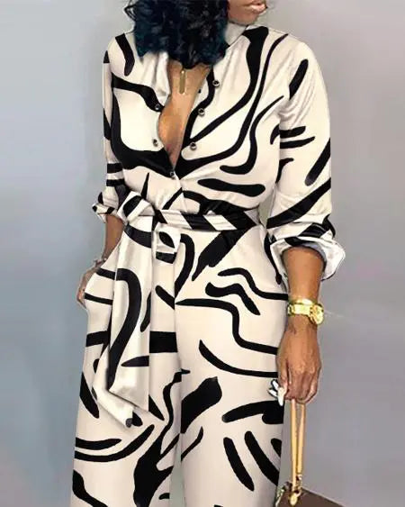 Belted Jumpsuit with Abstract Print & Long Sleeves