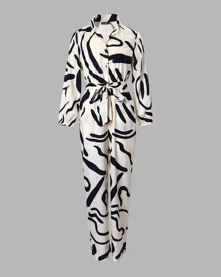 Belted Jumpsuit with Abstract Print & Long Sleeves