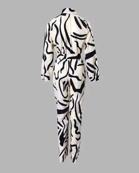 Belted Jumpsuit with Abstract Print & Long Sleeves