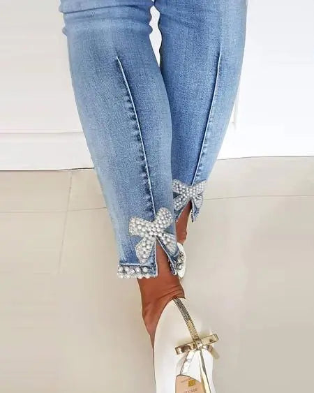 Jeans with Beaded Slits & Bowknot Design