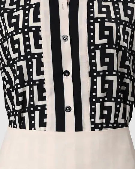 Geometric Print Shirt & Skirt Set with Long Sleeves & Buttons