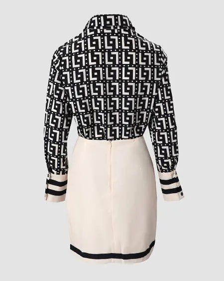 Conjunto de camisa y falda con estampado geométrico, mangas largas y botones 