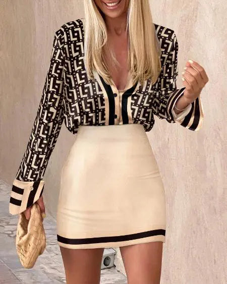 Conjunto de camisa y falda con estampado geométrico, mangas largas y botones 