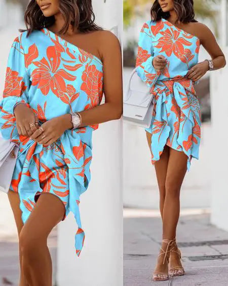 One-Shoulder Casual Dress with Plant Print and Tie Detail