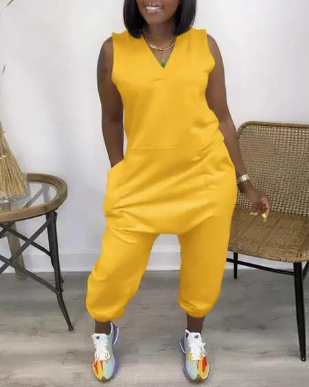 V-Neck Jumpsuit with Pockets & Sleeveless Cut