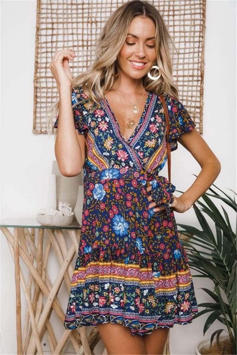 Blue Floral Print Mini Dress