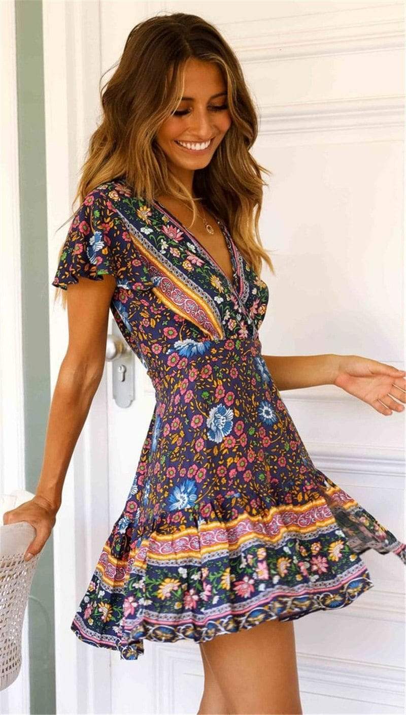 Blue Floral Print Mini Dress