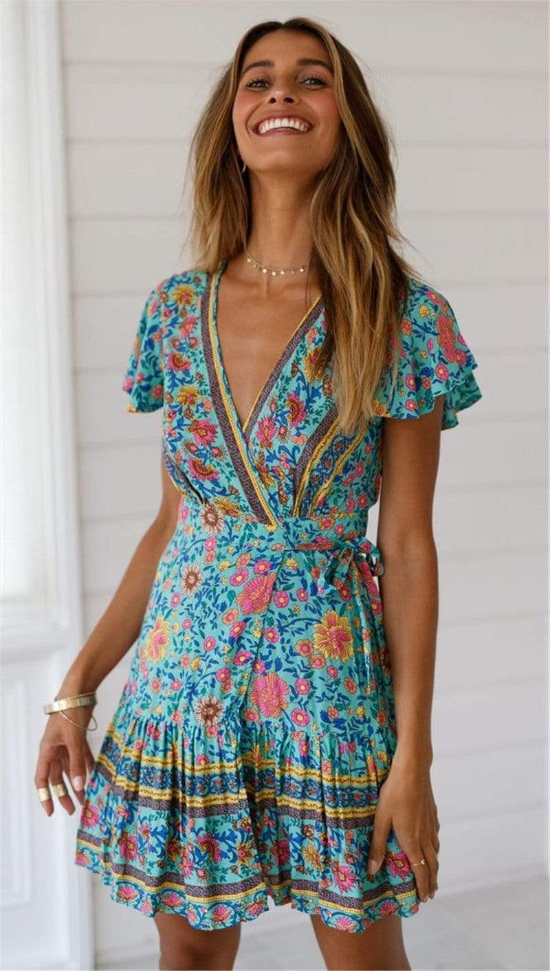 Green Floral Print Mini Dress