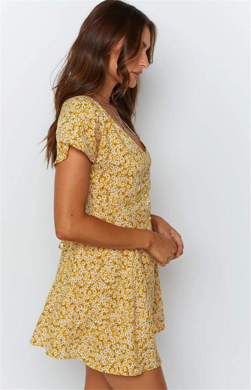 Yellow Floral Print Mini Dress