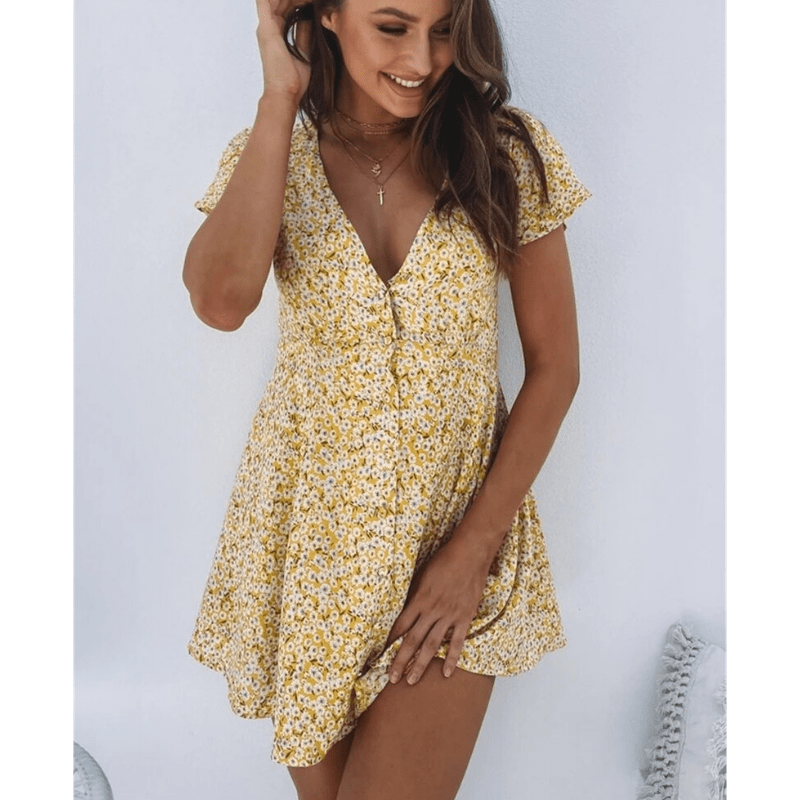 Yellow Floral Print Mini Dress
