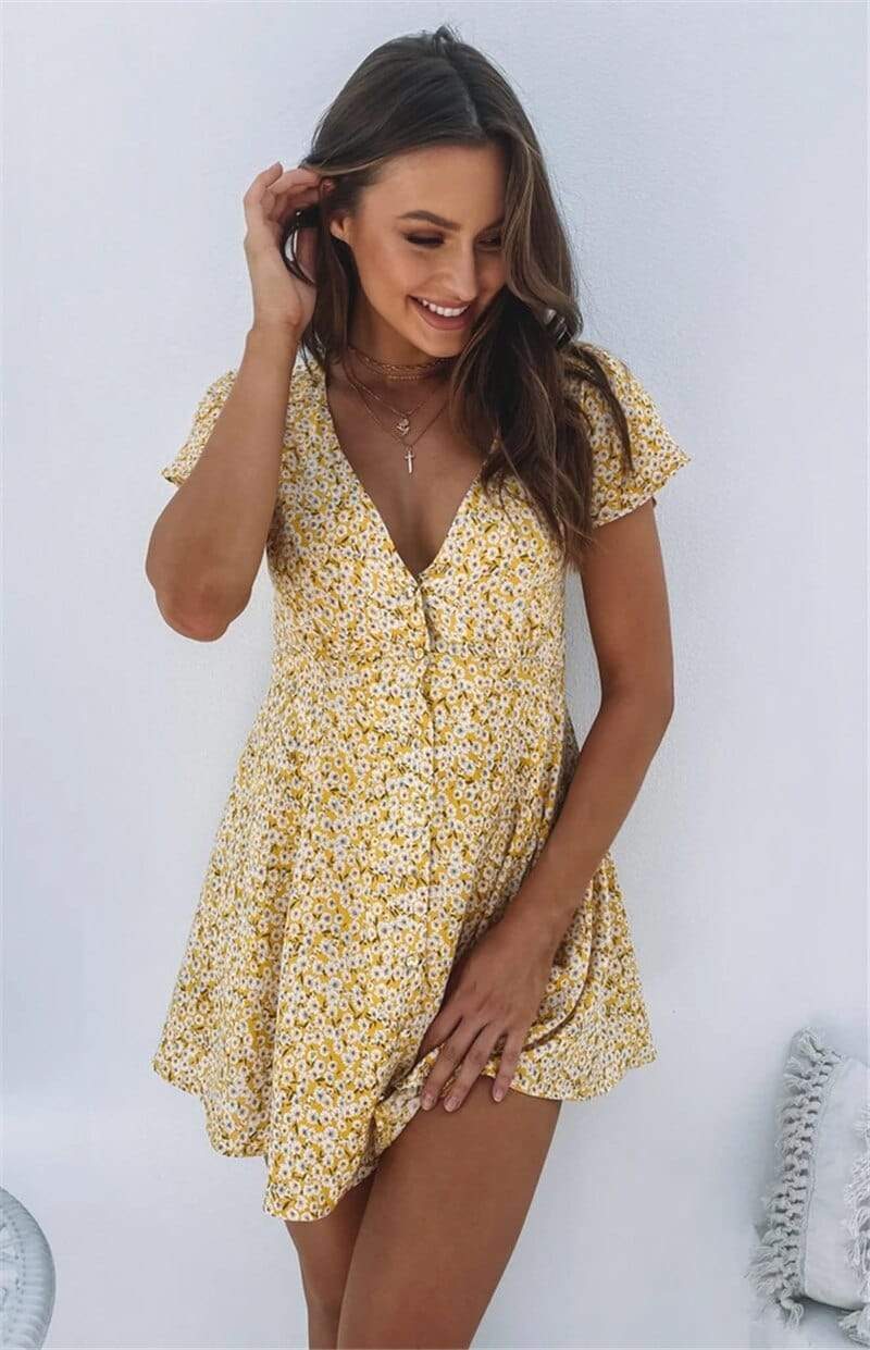 Yellow Floral Print Mini Dress