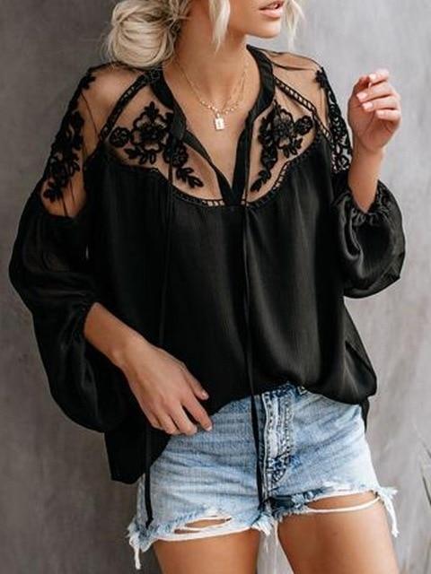 Women’s Sheer Lace-Yoke V-Neck Blouse – Long Sleeves, Relaxed Regular Length