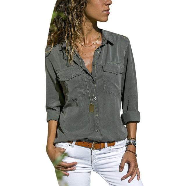 Women’s Long-Length Button-Down Utility Shirt – Lightweight Polyester with Chest Pockets