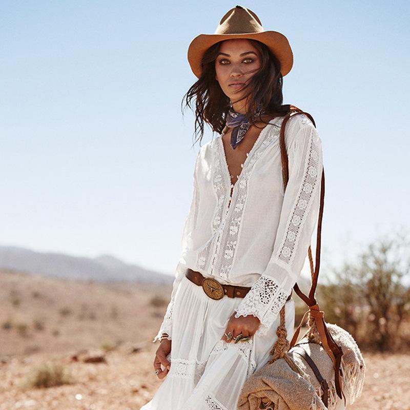 Women’s Boho Embroidered Lace V-Neck Blouse – Long Sleeve, Cotton Broadcloth