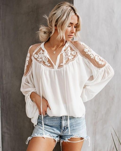 Women’s Sheer Lace-Yoke V-Neck Blouse – Long Sleeves, Relaxed Regular Length