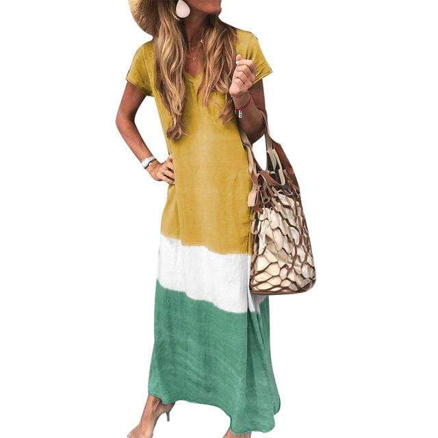 V-Neck Tie-Dye Patchwork Maxi Dress – Short Sleeve Boho Straight Silhouette
