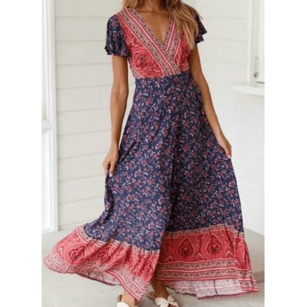 Vestido con estampado bohemio y cuello en V profundo 