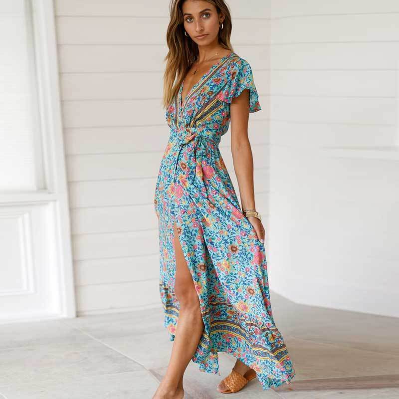 Green Split V-Neck Wrap Dress