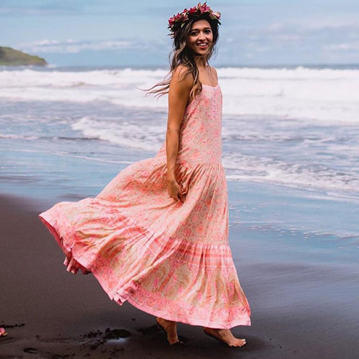 Spaghetti Strap Boho Floral Print Maxi Dress