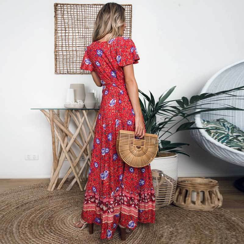 Red V-Neck Wrap Dress