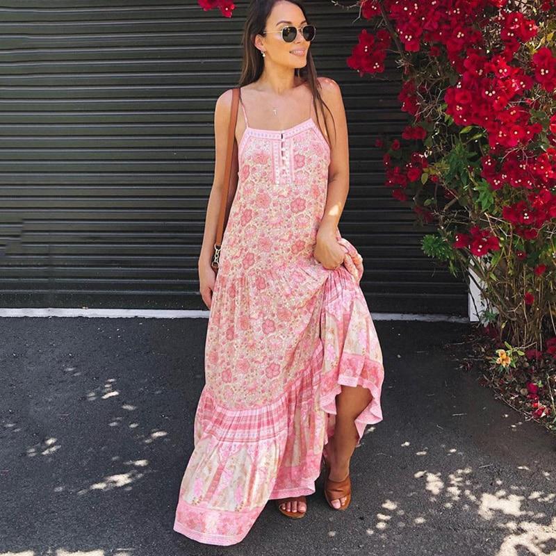 Spaghetti Strap Boho Floral Print Maxi Dress