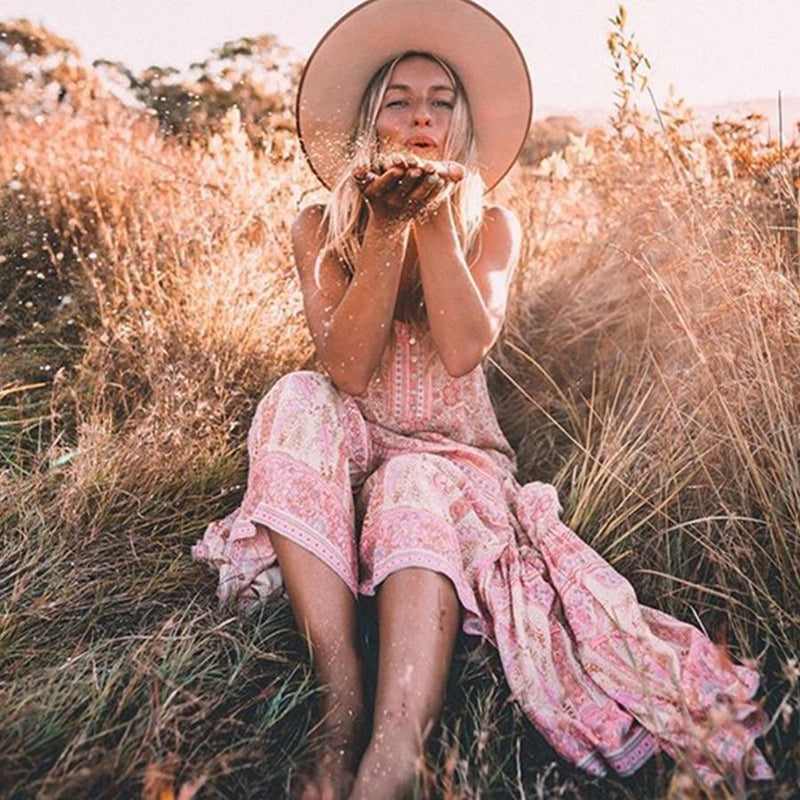 Spaghetti Strap Boho Floral Print Maxi Dress