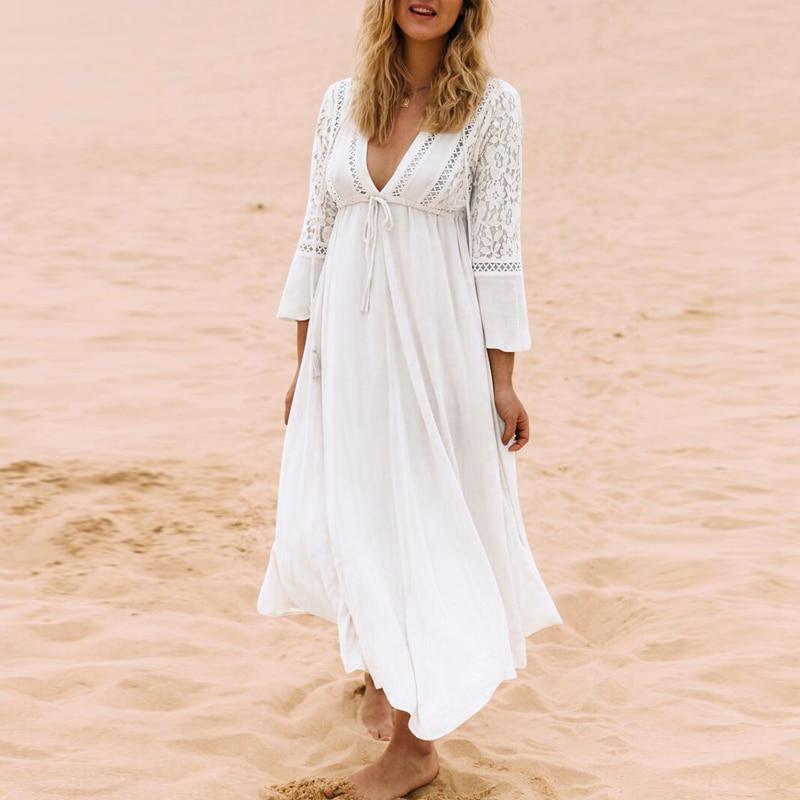 Deep V Neck Lace Crochet Dress