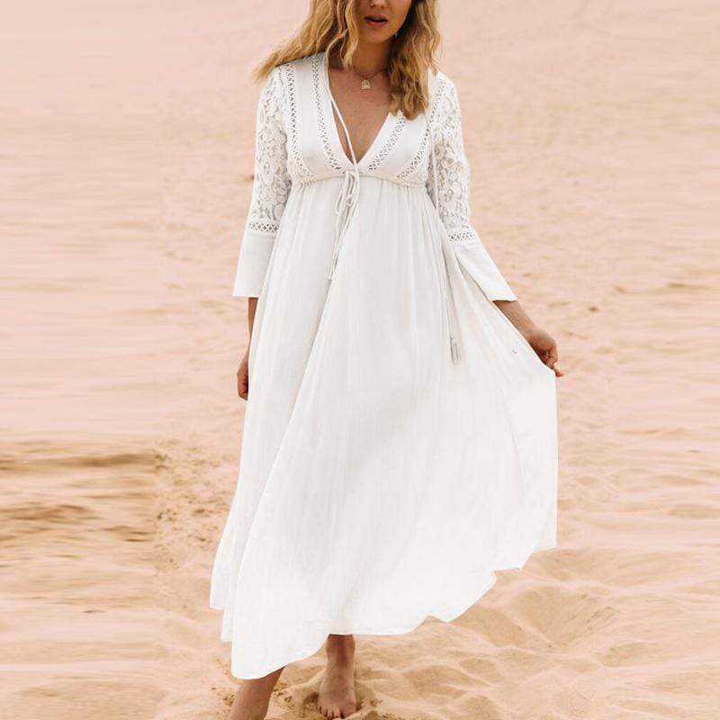 Deep V Neck Lace Crochet Dress