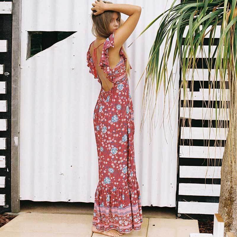 Floral Print Backless Boho Dress