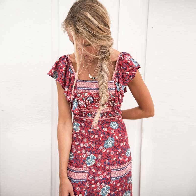 Floral Print Backless Boho Dress