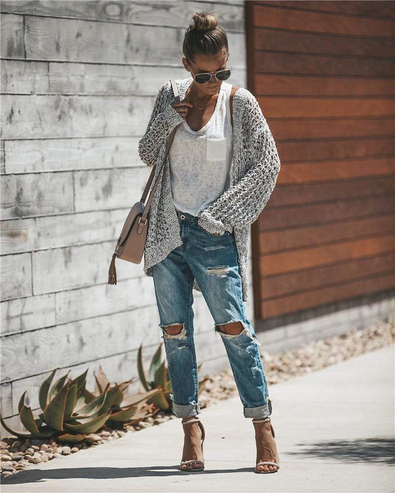 Gray Casual Knit Cardigan