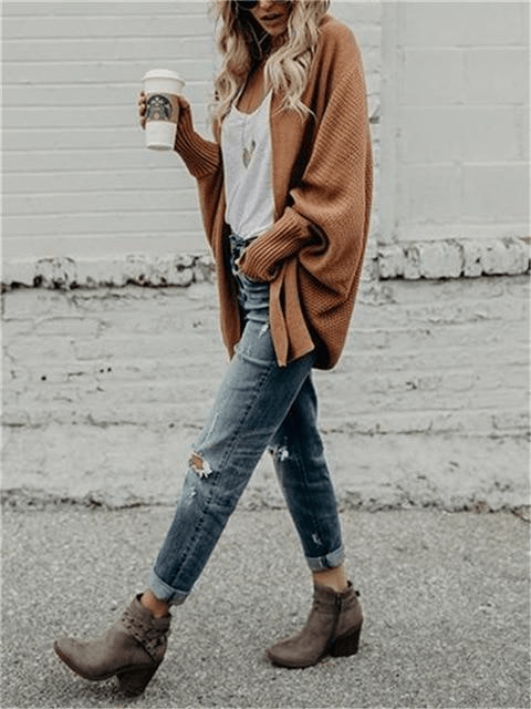 Women’s Batwing Sleeve Cocoon Cardigan – Open Front Knit with Scarf Collar