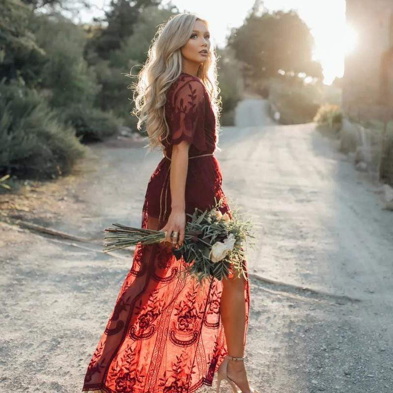 Bordeaux Lace Tulle Maxi Dress — Agloryz