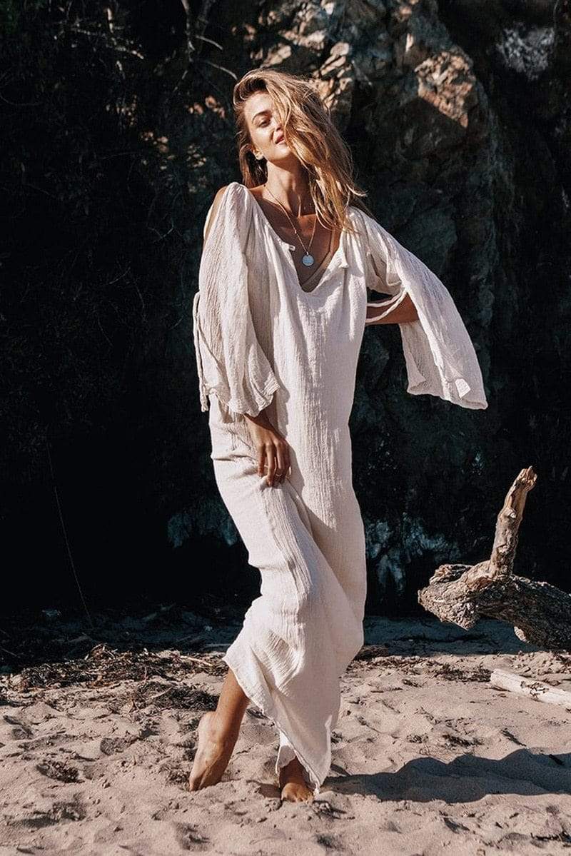 Open schouder strand lange jurk