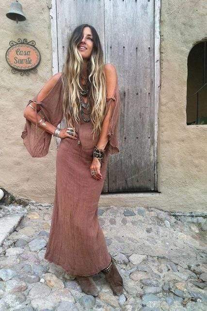 Open schouder strand lange jurk