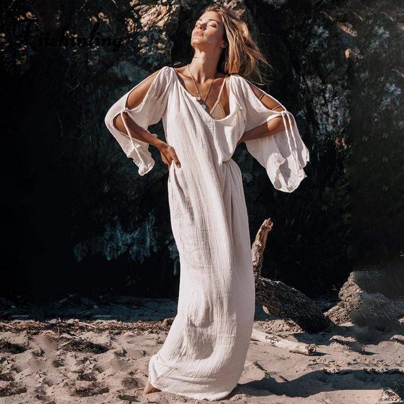 white cold shoulder beach dress WEDTREND Women White Beach Wedding Dress A-Line Cold Shoulder Bridal Dress with Slit Wedtrend UK