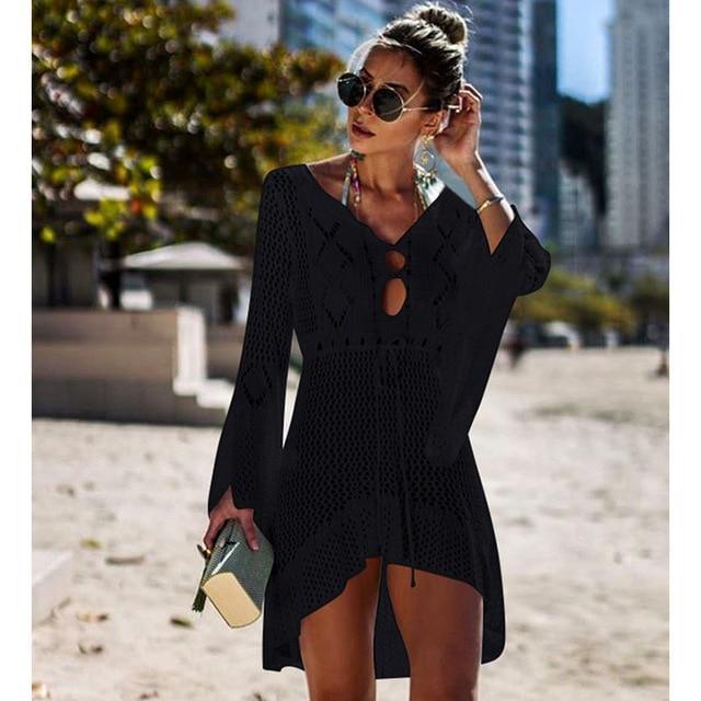 Women’s Crochet Beach Cover-Up Dress – V-Neck, Drawstring Waist, Bell Sleeves