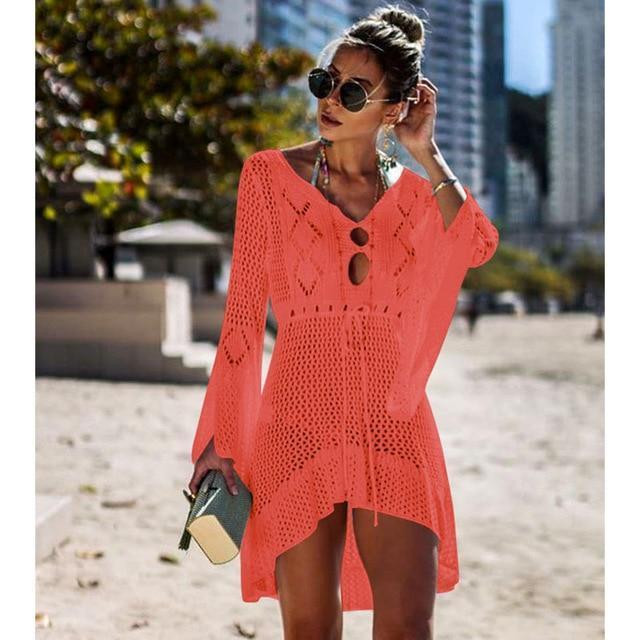 Women’s Crochet Beach Cover-Up Dress – V-Neck, Drawstring Waist, Bell Sleeves