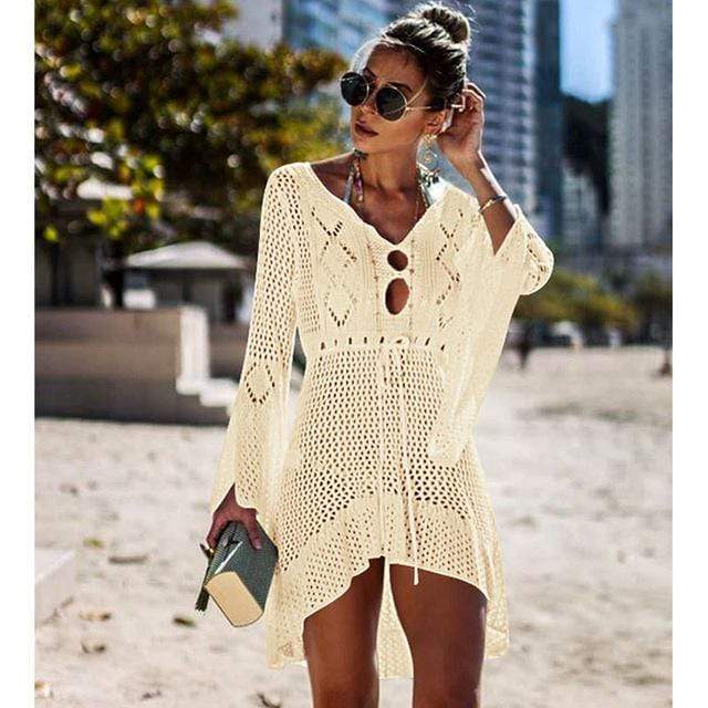 Women’s Crochet Beach Cover-Up Dress – V-Neck, Drawstring Waist, Bell Sleeves