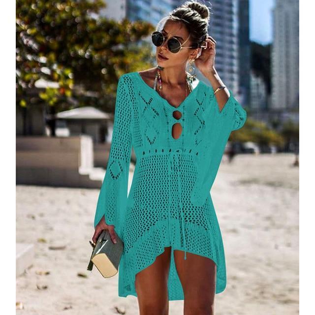 Women’s Crochet Beach Cover-Up Dress – V-Neck, Drawstring Waist, Bell Sleeves