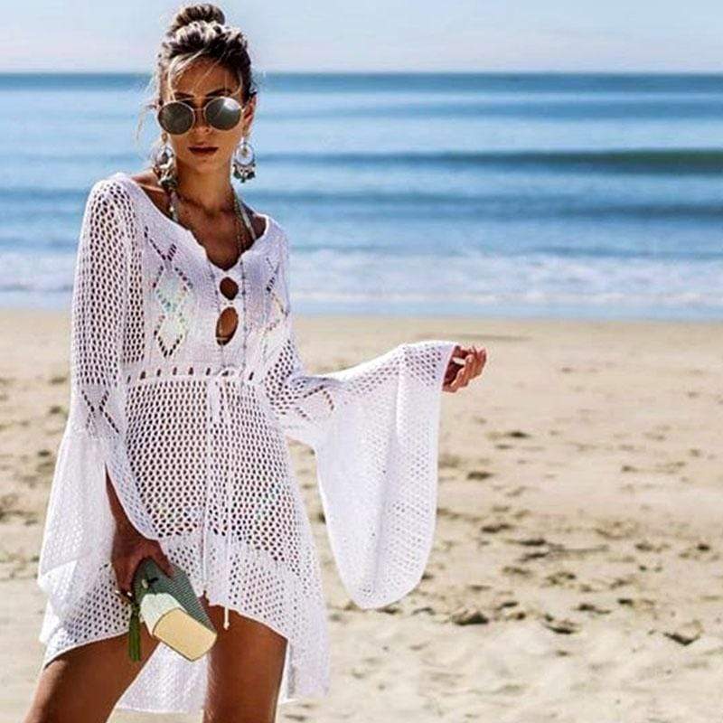 Women’s Crochet Beach Cover-Up Dress – V-Neck, Drawstring Waist, Bell Sleeves