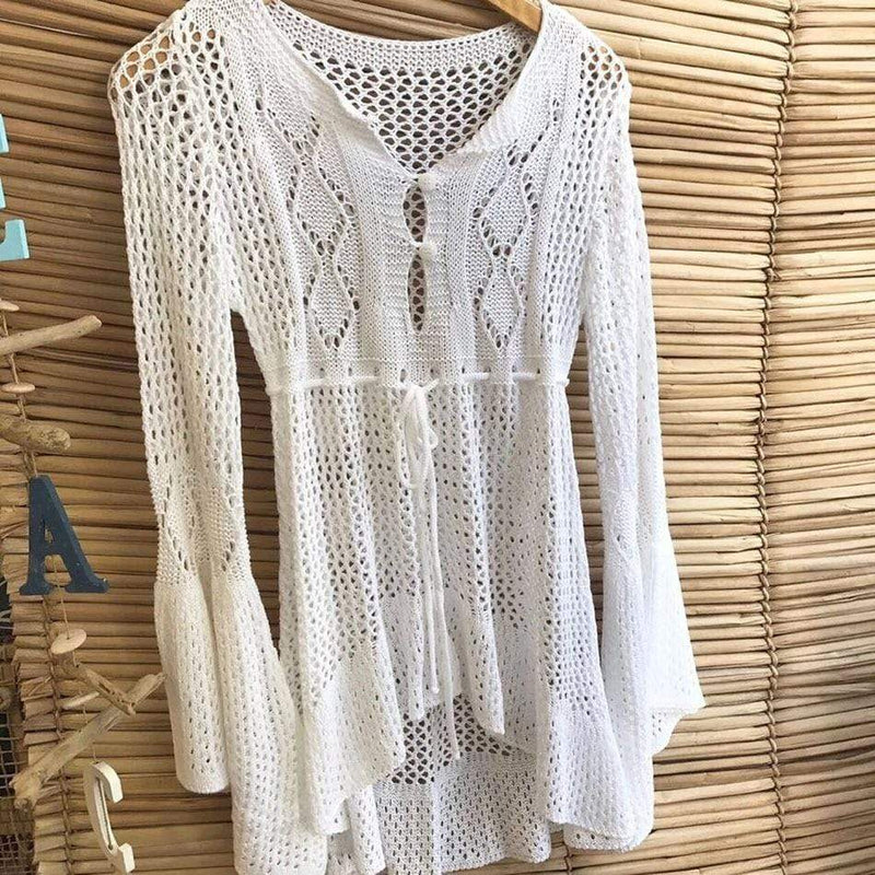 Women’s Crochet Beach Cover-Up Dress – V-Neck, Drawstring Waist, Bell Sleeves