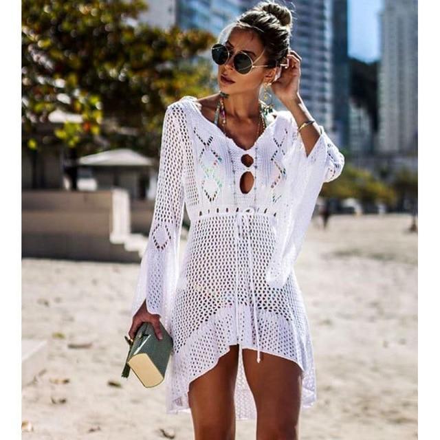 Women’s Crochet Beach Cover-Up Dress – V-Neck, Drawstring Waist, Bell Sleeves
